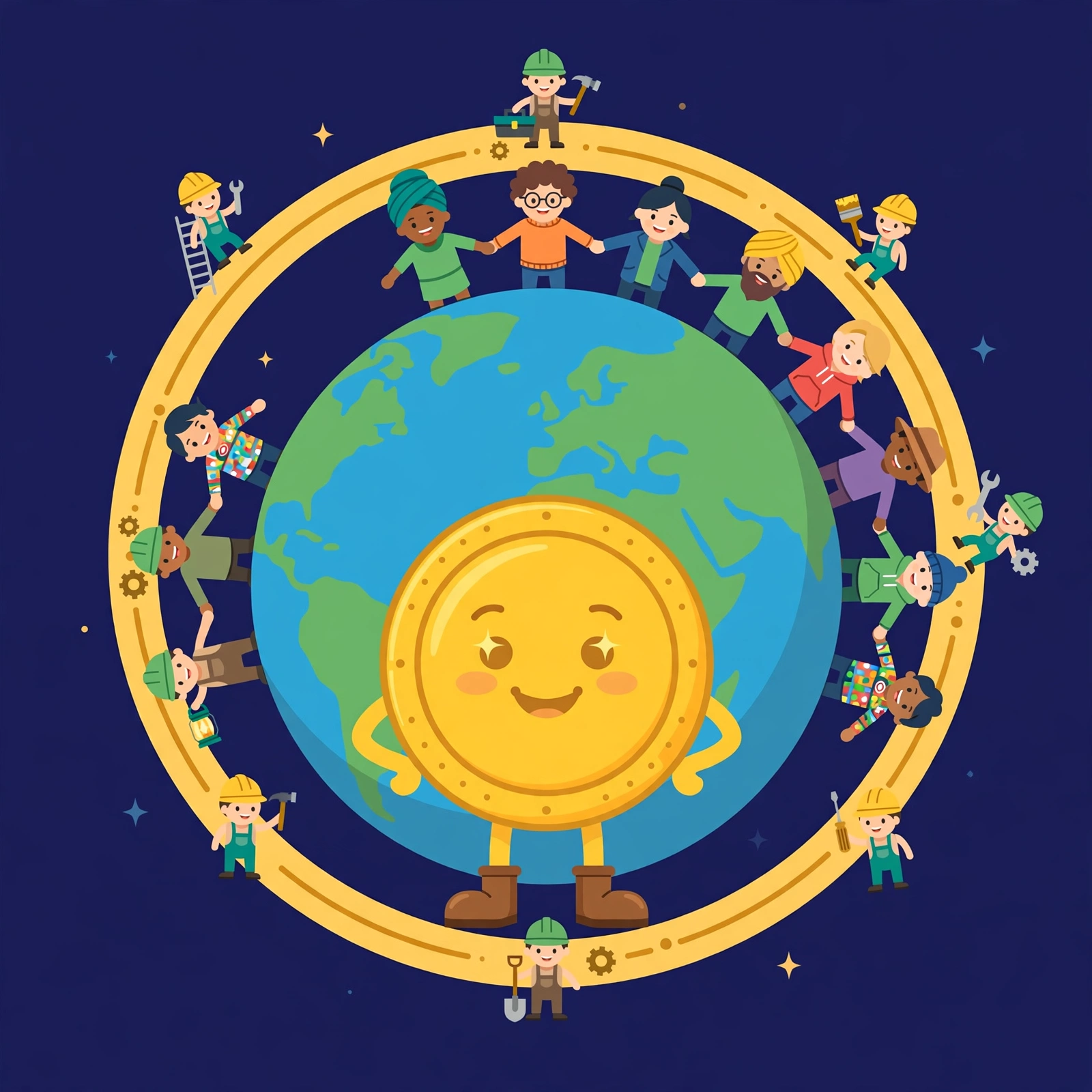USDFP logo — Mondo, a golden coin character standing before a globe circled by people holding hands, with tiny workers polishing the rim